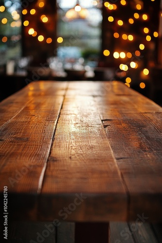 Rustic wooden table with warm lights in a cozy indoor setting during evening ...
