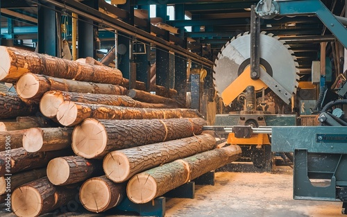 Wood log cutting in sawmill. Industrial lumber production photo