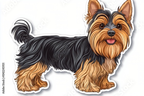A cheerful Yorkshire Terrier with a lively expression stands proudly in a pla...
