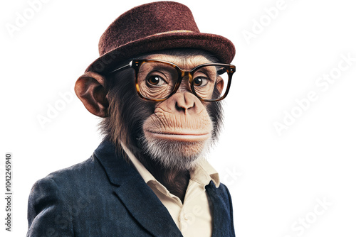 Stylish monkey wearing glasses and hat, portraying fun and quirky character,Isolated on transparent background