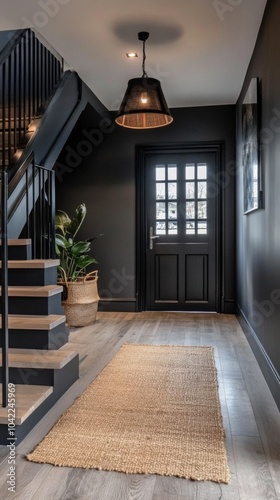 Stylish hallway with black walls, modern staircase, and natural accents near ...