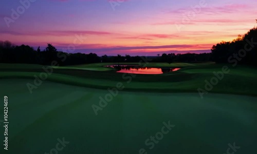 Wallpaper Mural Dolly shot with vibrant twilight reflections: The camera starts close-up on a golf ball on the green. It dolly’s forward to capture the vibrant twilight reflections in a nearby water hazard. Torontodigital.ca