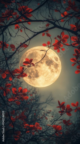 A tranquil night with a full moon illuminating vibrant red blossoms against a...
