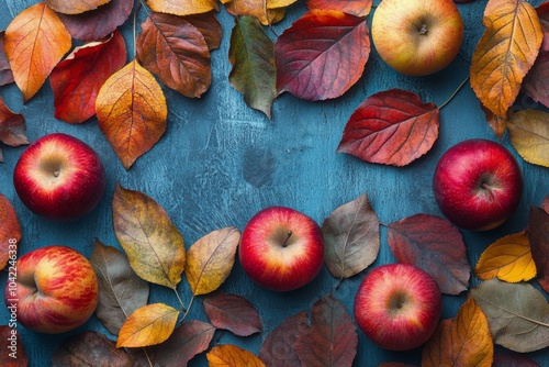 Colorful autumn apples surrounded by vibrant leaves on a textured blue surfac...