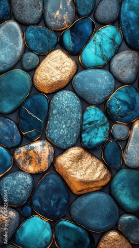 Beautifully arranged blue and gold stones in a close up view showcasing natur...