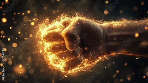 A powerful fist emanating fiery energy in a dramatic display of strength and ...