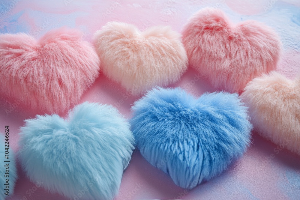 Two fluffy heart shaped cushions in pastel colors on a soft textured background