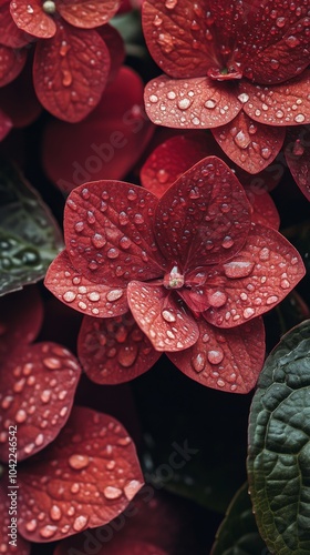 Red flowers covered in raindrops with deep green leaves in a close up view du...