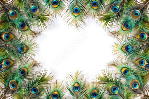 Peacock feather frame border on white background. Wildlife beauty theme