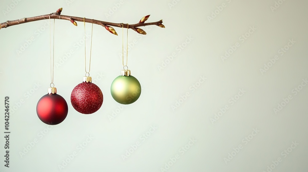 Three Christmas balls hanging from branch on light background Three Christmas balls hanging from branch on light background