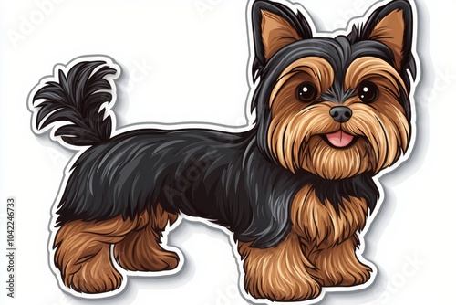 A cheerful Yorkshire Terrier with a lively expression stands proudly in a pla...