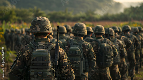 military photography, professional photo of tall, athletic -year-old taiwanese soldiers in camouflage uniforms and combat helmets, from a realistic first-person perspective