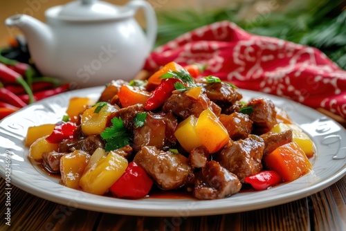 A plate of Chinese-style braised meat, colorful fruits and vegetables with chili peppers on the side, food photography, a white ceramic teapot in the background