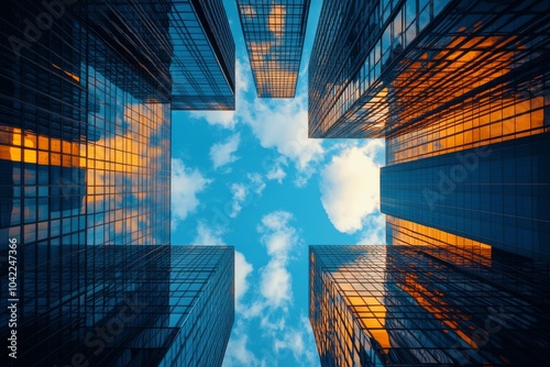 Looking up at modern skyscrapers against a blue sky with reflections and clou...