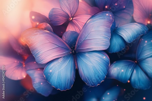 Colorful butterflies fluttering among softly blurred flowers in a serene twil...