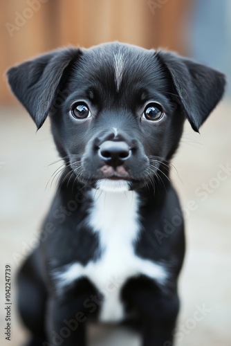 Adorable black and white puppy with big eyes sitting against a dark background