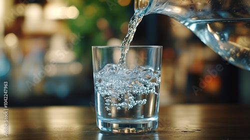 Water being poured into a glass at a cozy caf during the afternoon hours
