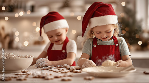 A charming scene of Christmas elves baking holiday cookies in a cozy kitchen. The elves, wearing red and green aprons, are mixing dough, decorating gingerbread, and laughing togeth photo