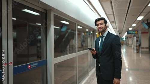 Wallpaper Mural Project manager wearing headphone at train station while holding mobile phone for choosing song. Smart business man checking time from watch while waiting for train with blurred background. Exultant. Torontodigital.ca