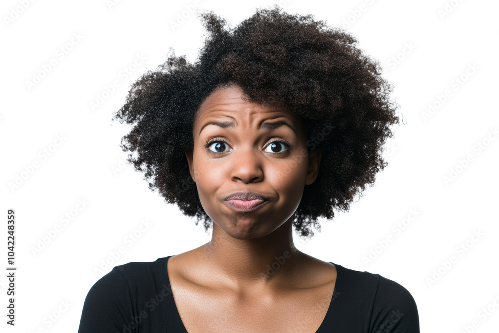 Young woman displaying puzzled expression, with curly hair and black top,,Isolated on transparent background Young woman displaying puzzled expression, with curly hair and black top,,Isolated on transparent background