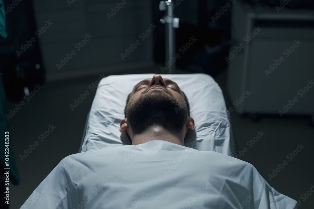 Fototapeta premium Young Dead Man Laying On The Hospital Bed In Resuscitation, Doctor Near His Patient That Died, Woman Touches Her Deceased Beloved Husband On Surgery Table, Accident Or Coma Concept