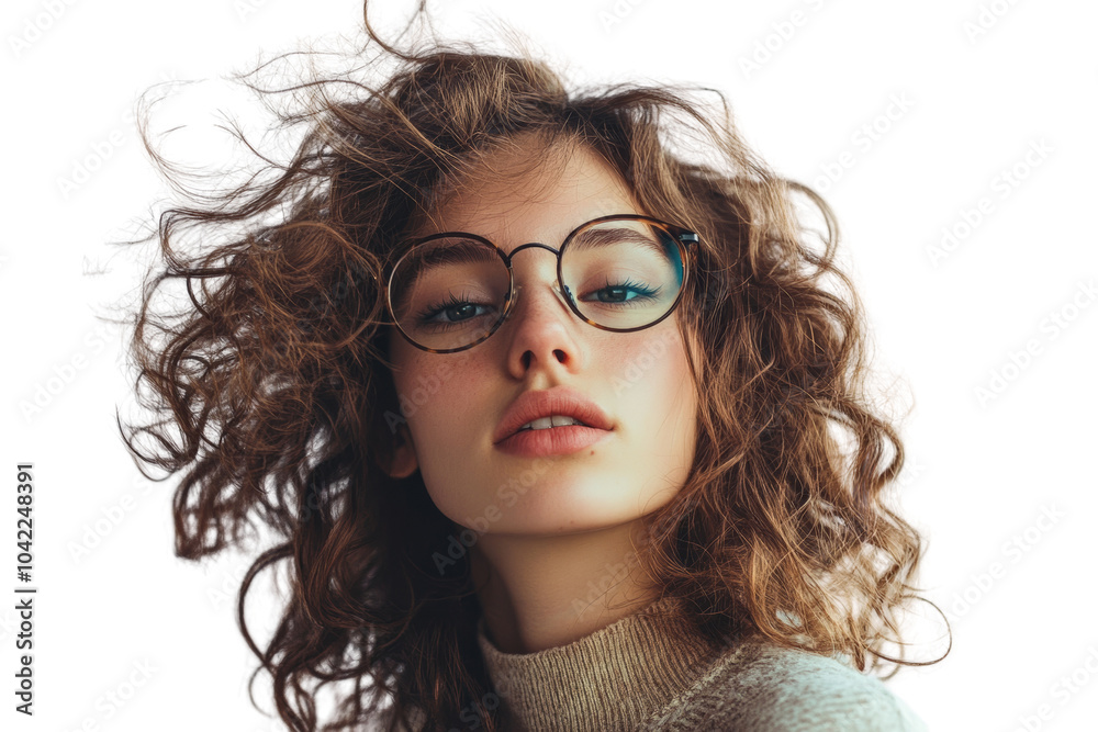 Young woman with curly hair and glasses, exuding confidence and style,Isolated on transparent background Young woman with curly hair and glasses, exuding confidence and style,Isolated on transparent background