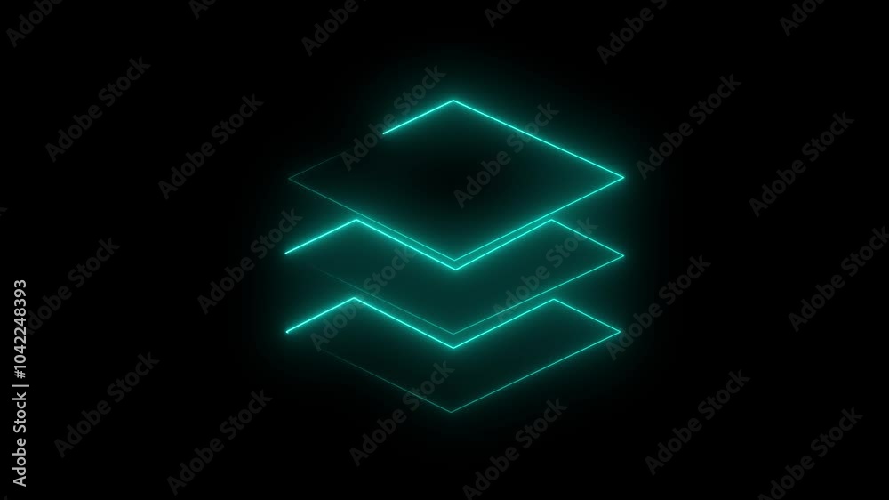Neon glowing Cyan color map layers icon on black background . 4k Neon Square lights seamless loop HD motion graphic Neon glowing Cyan color map layers icon on black background . 4k Neon Square lights seamless loop HD motion graphic