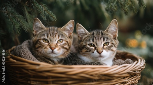 Two orange tabby kittens sleeping peacefully in a wicker basket surrounded by...