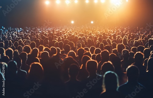 a large crowd gathered at an outdoor concert venue, their faces illuminated by the stage lights against a dark background Generative AI