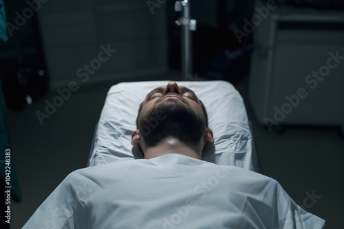 Young Dead Man Laying On The Hospital Bed In Resuscitation, Doctor Near His Patient That Died, Woman Touches Her Deceased Beloved Husband On Surgery Table, Accident Or Coma Concept