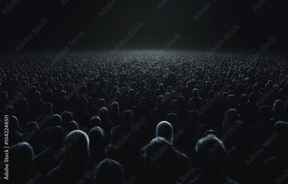 Fototapeta premium a large crowd of people looking at us from an open field, with a dark background Generative AI