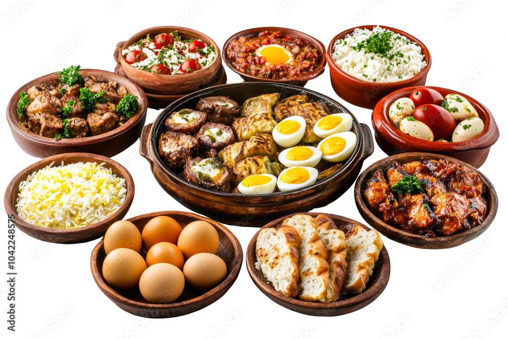 Array of delicious dishes served in clay bowls, showcasing variety of vibrant colors and textures,Isolated on transparent background Array of delicious dishes served in clay bowls, showcasing variety of vibrant colors and textures,Isolated on transparent background