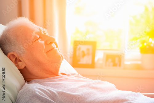 Elderly woman in hospital bed, Old Lady Stays In Clinic Or Hospice, Warm Day Light, Family Photos On Background, Life And Death Concept