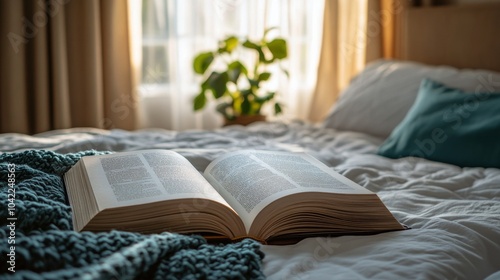 A large open book lies on a soft bed, bathed in gentle morning light