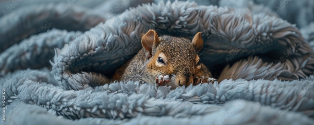 Obraz premium Close-up of a baby squirrel wrapped snugly in a fluffy blanket, capturing a cozy and cute moment. Free copy space for banner.
