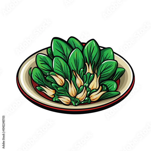 Create a realistic vector illustration of a plate of stir-fried garlic greens.