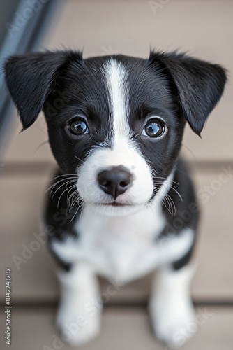 Adorable black and white puppy with big eyes sitting against a dark background
