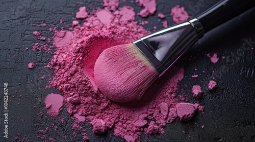 Bright pink powder makeup spilled beside a makeup brush on a dark background ...