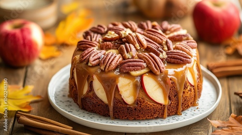 Delicious Caramel Pecan Apple Cake on Rustic Fall Wooden Table with Vibrant Leaves