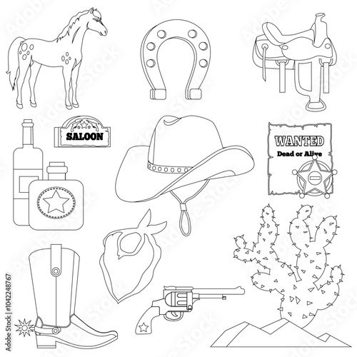 Western-themed vector featuring cowboy essentials like a hat, boots, saddle, and pistol. Includes saloon and wanted posters, cactus, and horse. Ideal for cowboy themes, Western decor, wild west
