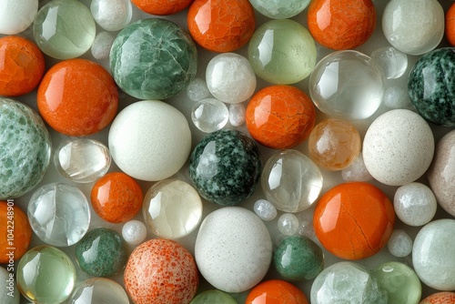 Colorful glass and stone pebbles arranged together on a light background with...