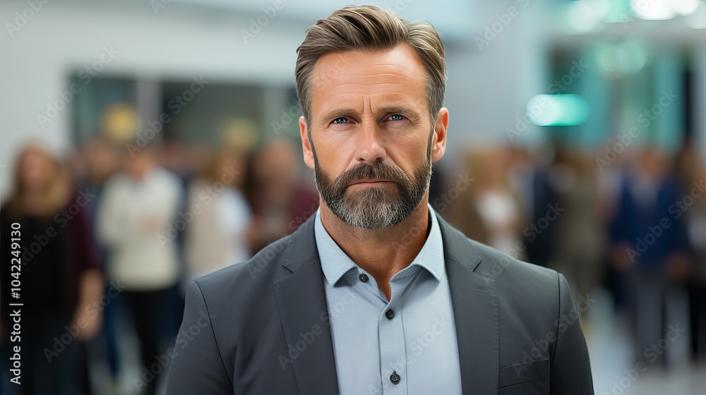 Confident businessman standing out in a crowd at a busy airport terminal in the afternoon Confident businessman standing out in a crowd at a busy airport terminal in the afternoon
