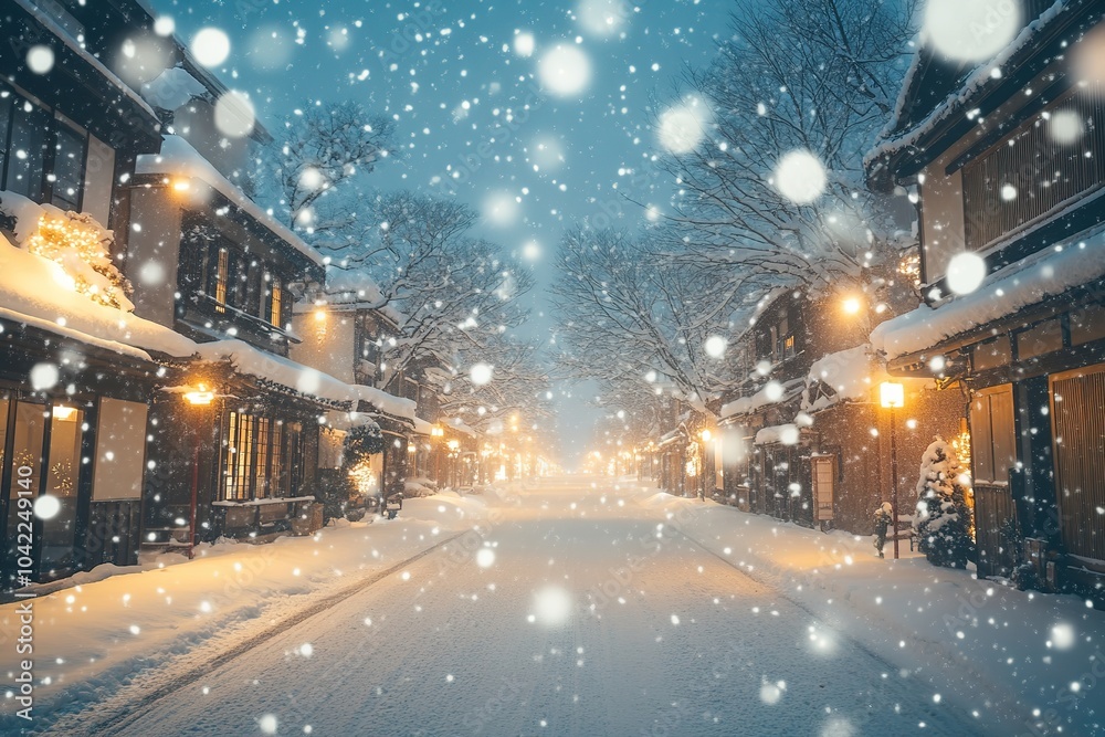 Snowy street with traditional houses under evening glow Snowy street with traditional houses under evening glow