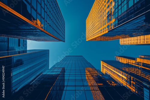 Looking up at modern skyscrapers against a blue sky with reflections and clou...