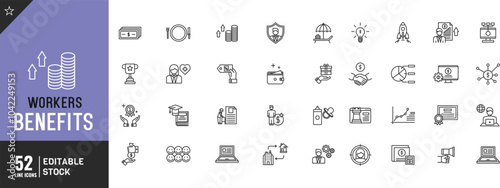 Workers Benefits line editable icon set. bonuses, paid leave, pension, and more. thin modern style vector illustration.