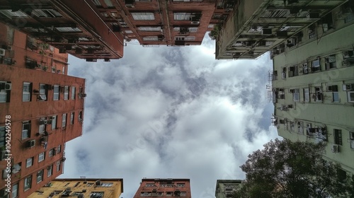 Looking up at a vibrant urban alleyway surrounded by historic buildings and c...