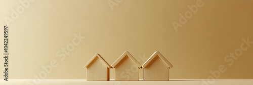 Wooden model houses on a smooth surface with a warm background in a calm inte...