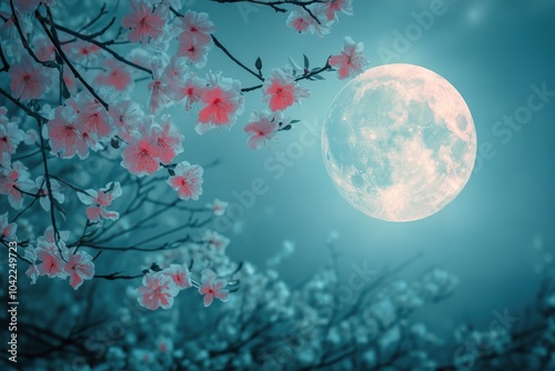 A full moon shines brightly through dark leaves on a calm night in the forest