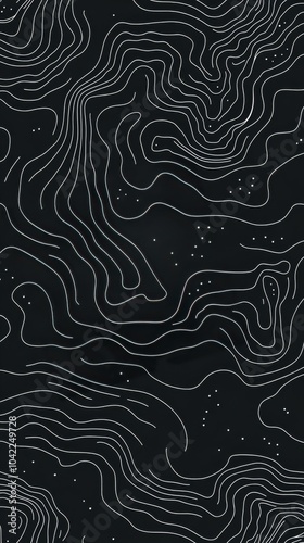 Abstract black background with flowing white lines and subtle dots creating a...