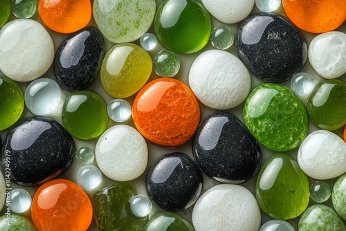 Colorful glass and stone pebbles arranged together on a light background with...